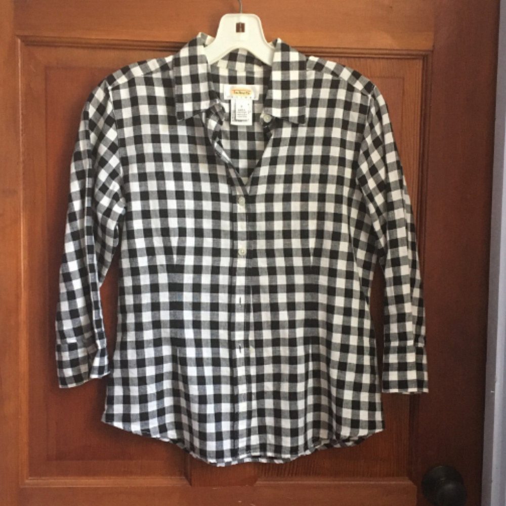 Talbots Black&White Check Linen 3/4 Sleeve Blouse